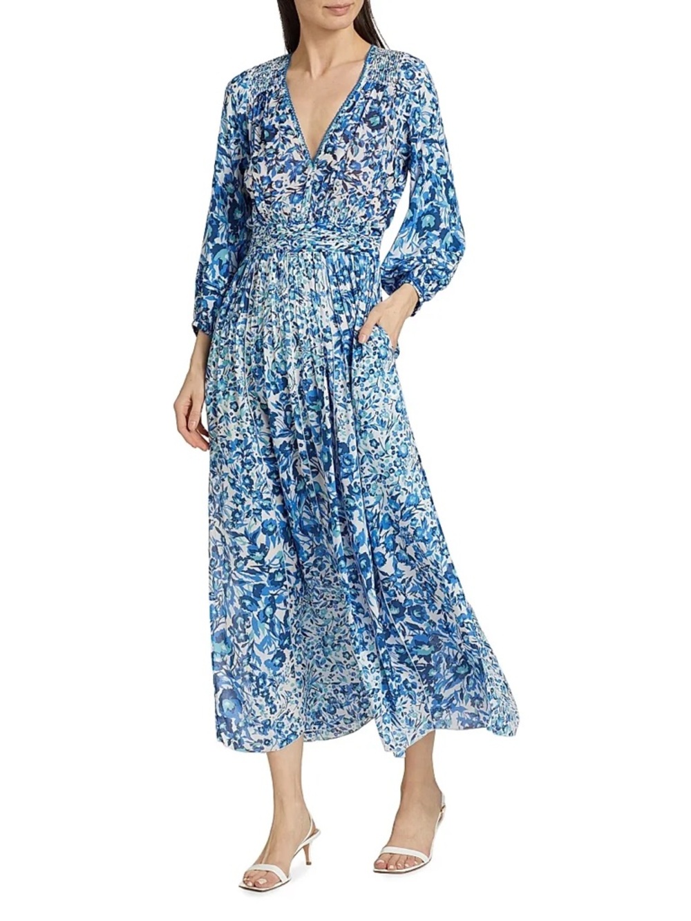 Poupette St Barth Green Floral Printed Midi Dress Viscose Size Small Vacation